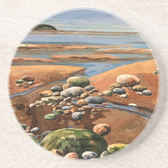 Tidvatten Ut Kust Strand Havsutsikt Original Hand Underlägg (Framsidan)