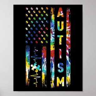 Tie Dye American Flagga Autism Awareness Support T Poster