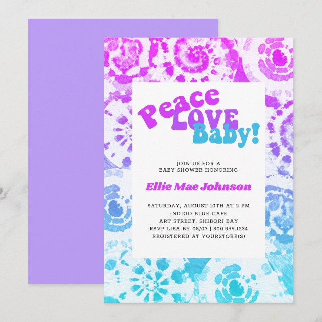 Tie Dye Baby Shower Retro Peace Kärlek Baby Inbjudningar (Fram/baksida)