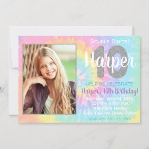 Tie Dye Birthday bjudande 10th Birthday Inbjudningar