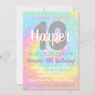 Tie Dye Birthday bjudande 10th Birthday Inbjudningar