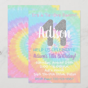 Tie Dye Birthday bjudande 11:e födelsedagen Inbjudningar