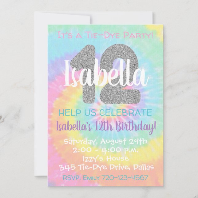 Tie Dye Birthday bjudande 12:e Birthday Inbjudningar (Framsida)