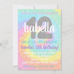 Tie Dye Birthday bjudande 12:e Birthday Inbjudningar