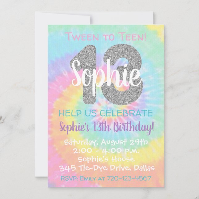 Tie Dye Birthday bjudande 13:e födelsedagen Inbjudningar (Framsida)