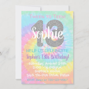 Tie Dye Birthday bjudande 13:e födelsedagen Inbjudningar