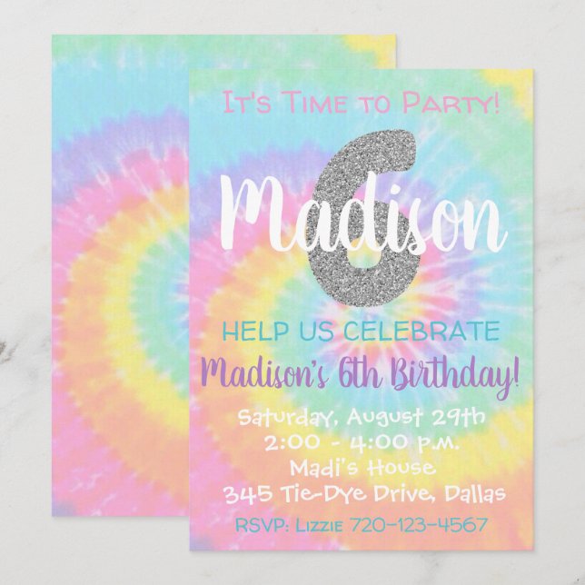 Tie Dye Birthday bjudande 6e Birthday Inbjudningar (Fram/baksida)