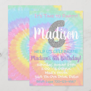 Tie Dye Birthday bjudande 6e Birthday Inbjudningar