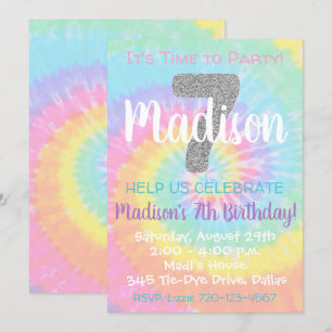 Tie Dye Birthday bjudande 7:e Birthday Inbjudningar