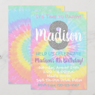 Tie Dye Birthday bjudande 8:e födelsedagen Inbjudningar