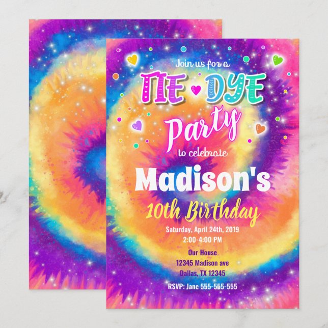 Tie Dye Birthday bjudande, Hippie Birthday Inbjudningar (Fram/baksida)