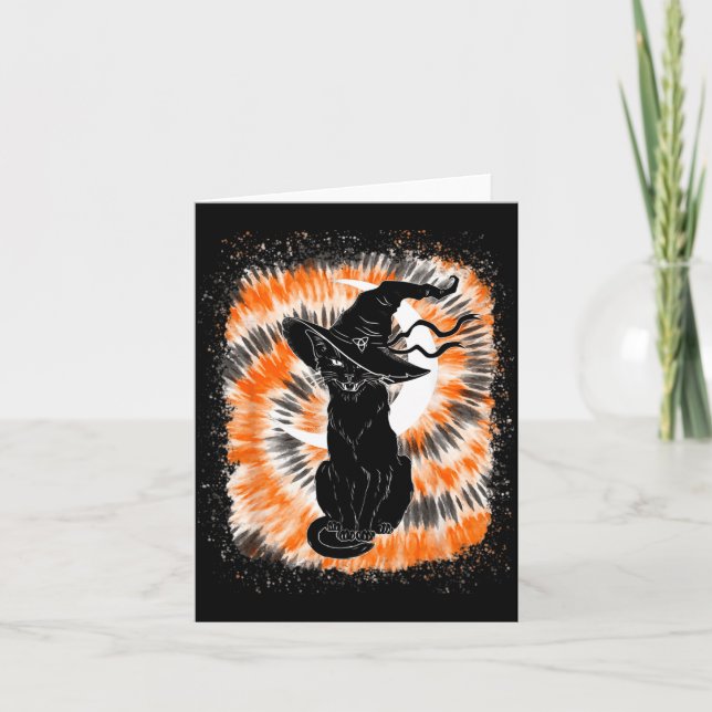 Tie Dye Blekt Y Halloween Svart Katt Häxa Hatt Kort (Framsida)