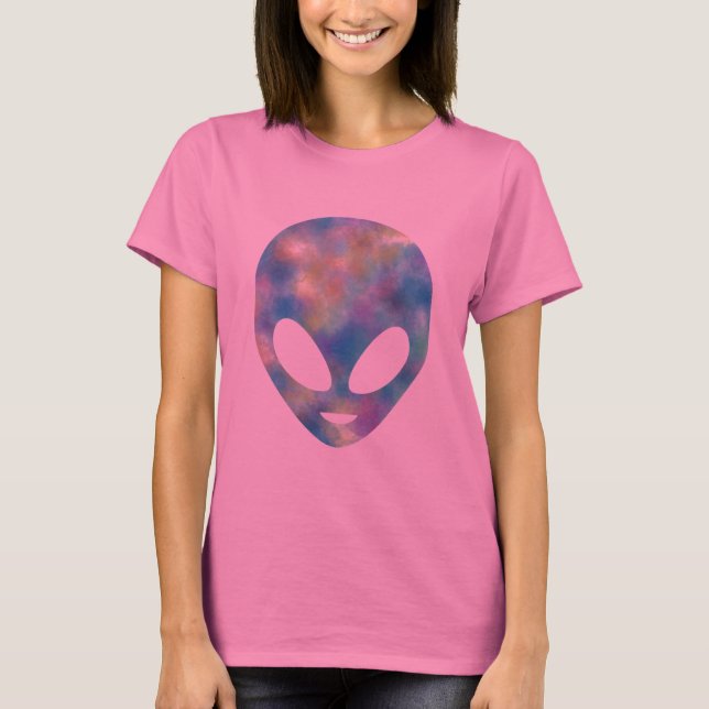 Tie Dye Brushed Pastel Smiling Alien Head Tee Shirt (Framsida)