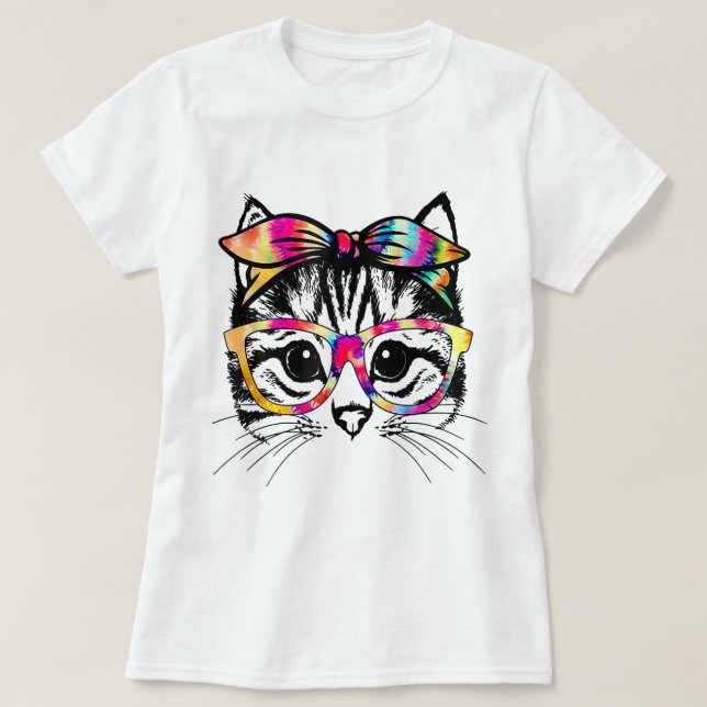 Tie-Dye Cat Face with Glasses Design T Shirt (Design framsida)