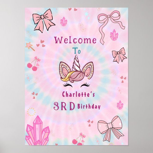 Tie Dye Enhörning Coquette Bow Födelsedags välkoms Poster (Framsidan)