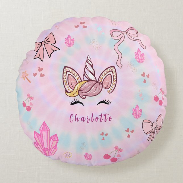 Tie Dye Enhörning Coquette Slöja Rund Kudde (Framsidan)