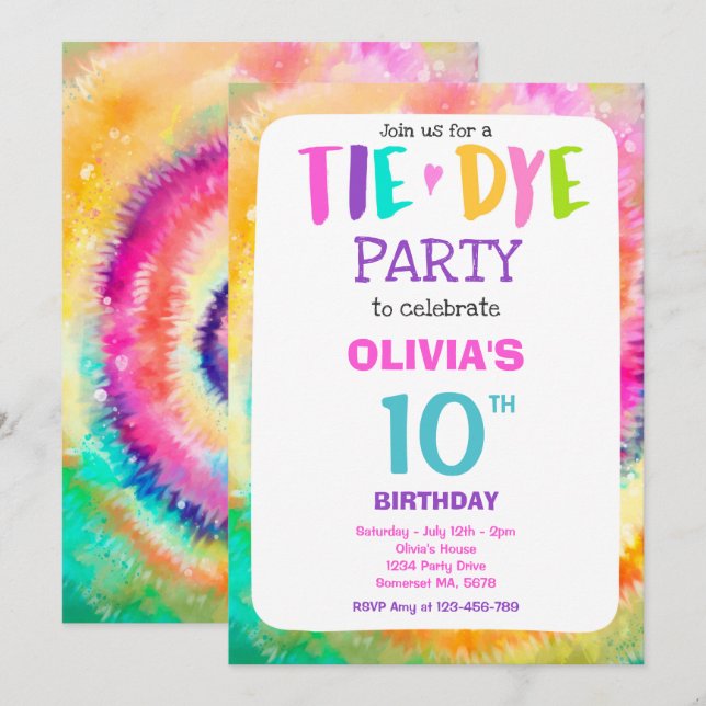 Tie Dye Födelsedagsfest Bright Tie Dye Hippy Party Inbjudningar (Fram/baksida)