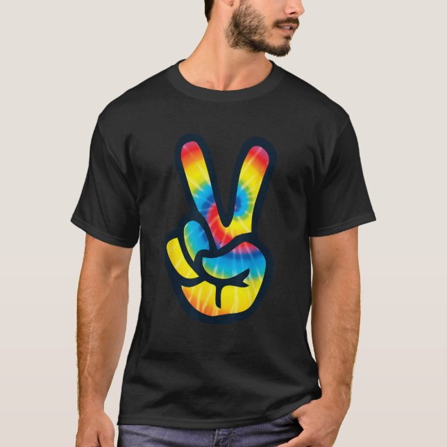 Tie Dye Fredstecken Hand V Symbol 60s 70s 80s Tee  (Framsida)