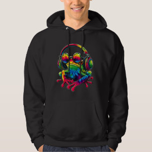 Tie-Dye Frog Fredstecken Hippie Frog med hörlurar Hoodie
