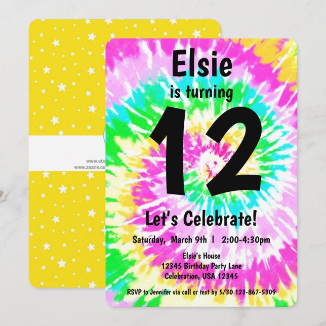 Tie Dye Girl Födelsedagsfest Inbjudningar (Fram/baksida)