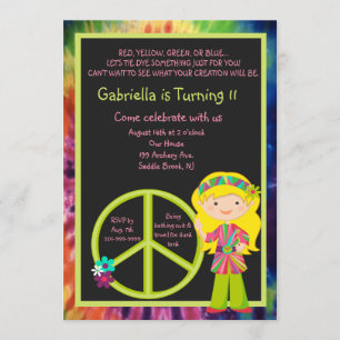 Tie Dye Hippie Girl & Fredstecken Birthday Inbjuda Inbjudningar