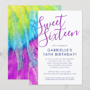 Tie Dye Hippy Chic Lila Aqua Blue Sweet 16 Inbjudningar