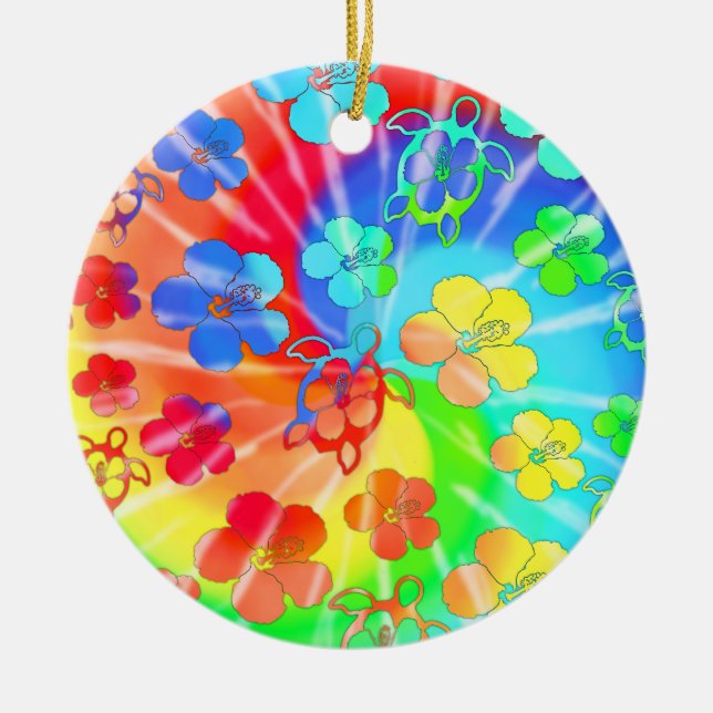 Tie Dye Honu och Hibiscus Julgransprydnad Keramik (Framsidan)