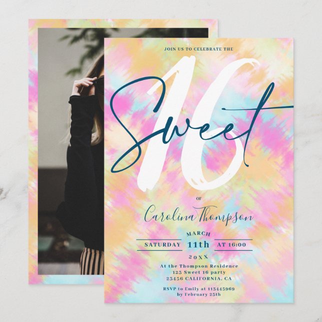 Tie dye Ikat rainbow pastel font foto Sweet 16 Inbjudningar (Fram/baksida)