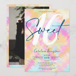 Tie dye Ikat rainbow pastel font foto Sweet 16 Inbjudningar