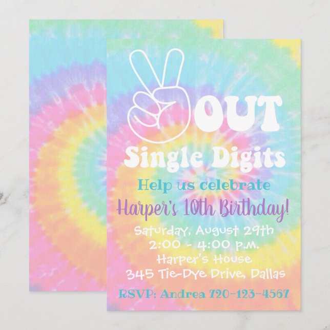 Tie Dye Inbjudan 10:e födelsedag fred ut (Fram/baksida)