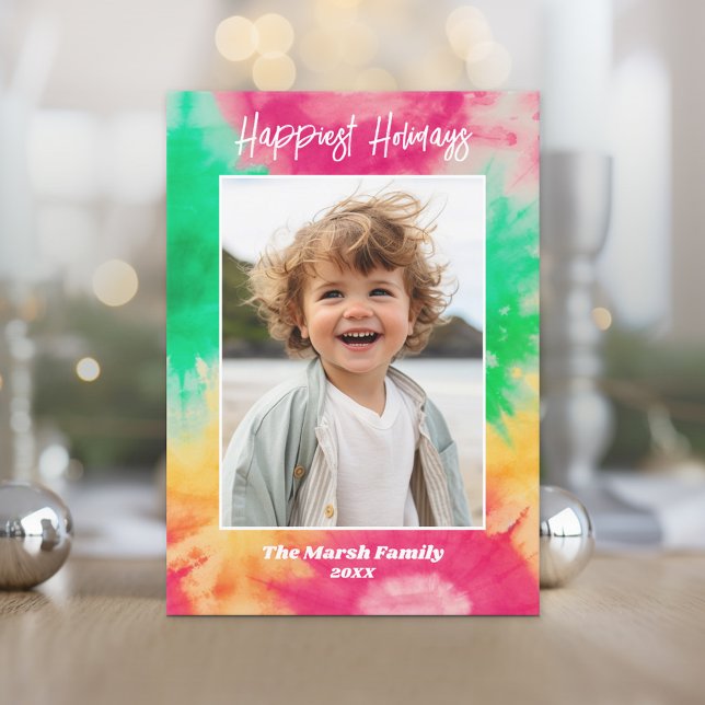 Tie Dye-jul - Foto med färgad utskrift Julkort (Retro Tie Dye Pattern Christmas Card. Add a little color to your holiday with this online photo card)