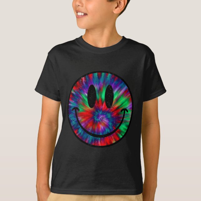 Tie dye leende ansikte retro regnbåge design barn  t shirt (Framsida)