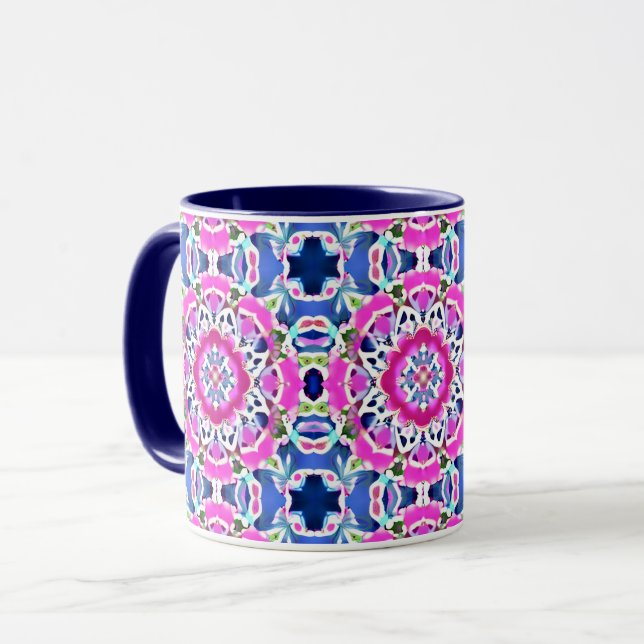 Tie Dye Mandala Mönster Denim Blue och Rosa Mugg (Framsida vänster)
