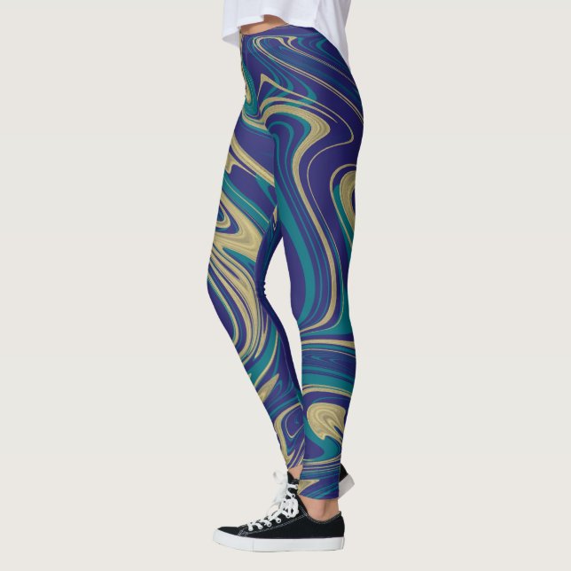 Tie Dye Marble Liquid Blue Guld Leggings (Vänster)