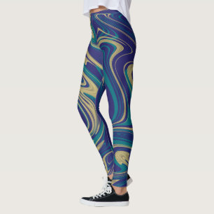 Tie Dye Marmor Flytande Blå Guld Leggings