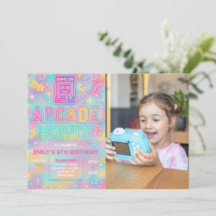 Tie Dye Neon Glow Arcade Party Birthday Photo Inbjudningar