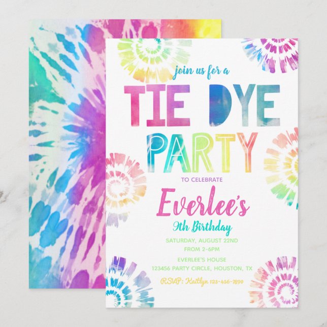 Tie Dye Party-inbjudan | Tie Dye Birthday Inbjudningar (Fram/baksida)