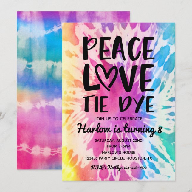 Tie Dye Party-inbjudan | Tie Dye Birthday Inbjudningar (Fram/baksida)