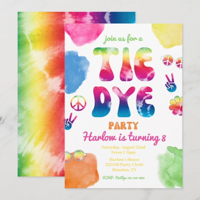Tie Dye Party-inbjudan | Tie Dye Birthday Inbjudningar (Fram/baksida)