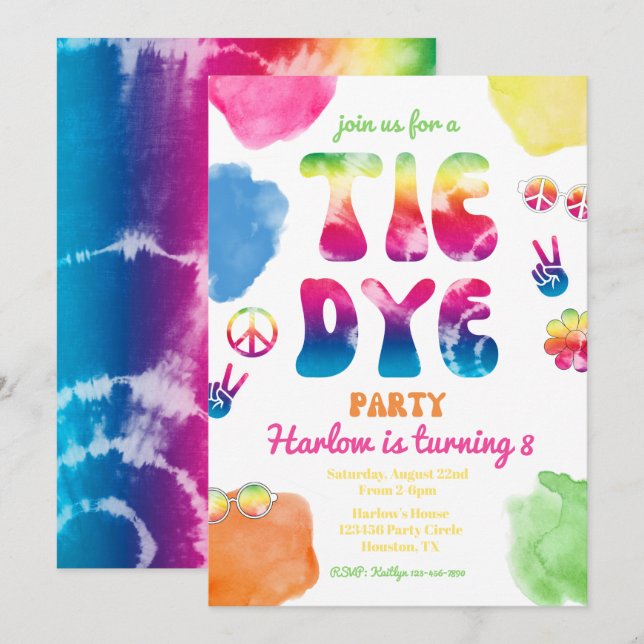 Tie Dye Party-inbjudan | Tie Dye Birthday Inbjudningar (Fram/baksida)