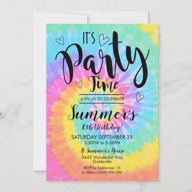 Tie Dye-partyn Invitation Det är dags för fest Inbjudningar (Framsida)