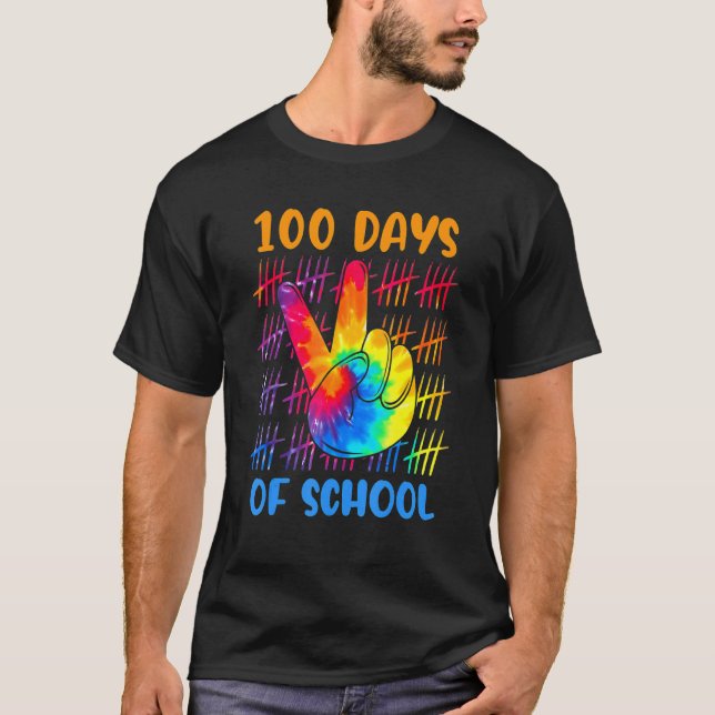 Tie Dye Peace Hand signerar 100 dagar i skolan 100 T Shirt (Framsida)