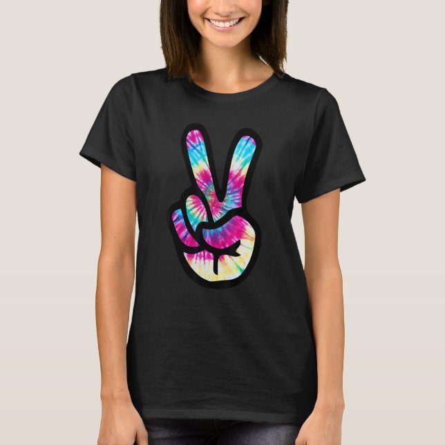 Tie Dye Peace Sign Hand  Hippies V s T Shirt (Framsida)