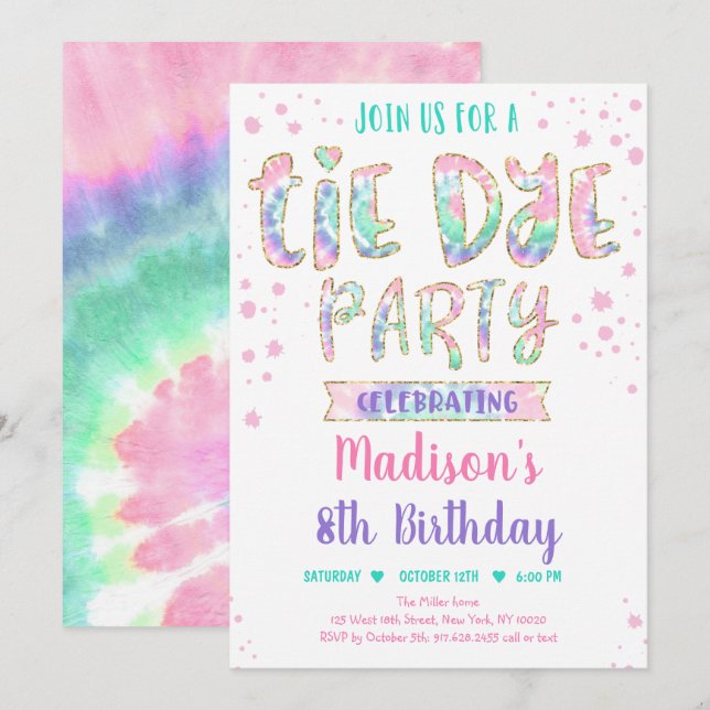 Tie Dye Rainbow Boho Hippie Girls Birthday Inbjudningar (Fram/baksida)