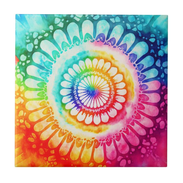 Tie Dye Regnbågsfärger Retro Hippie Groovy  Kakelplatta (Framsidan)