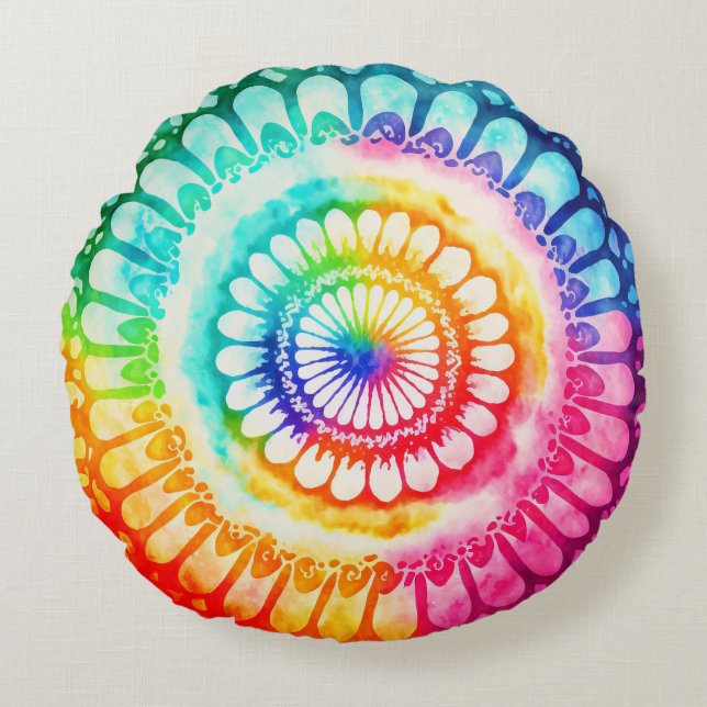 Tie Dye Regnbågsfärger Retro Hippie Groovy  Rund Kudde (Framsidan)