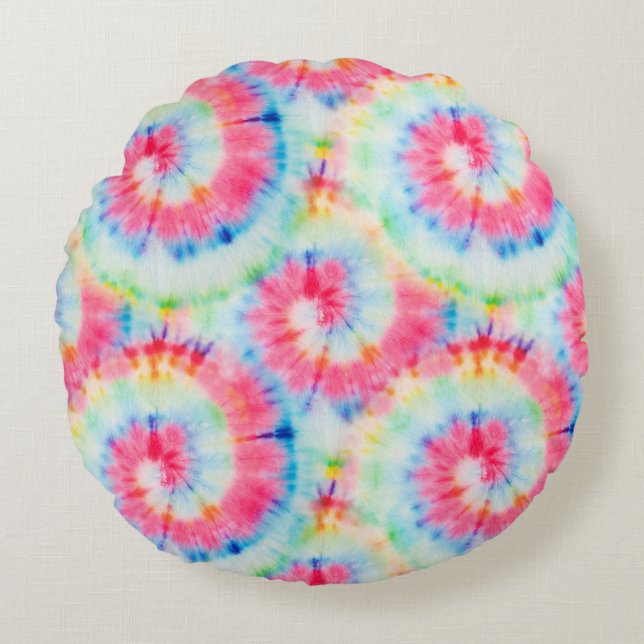 Tie Dye Spiral, vattenfärgskonst. Rund Kudde (Framsidan)