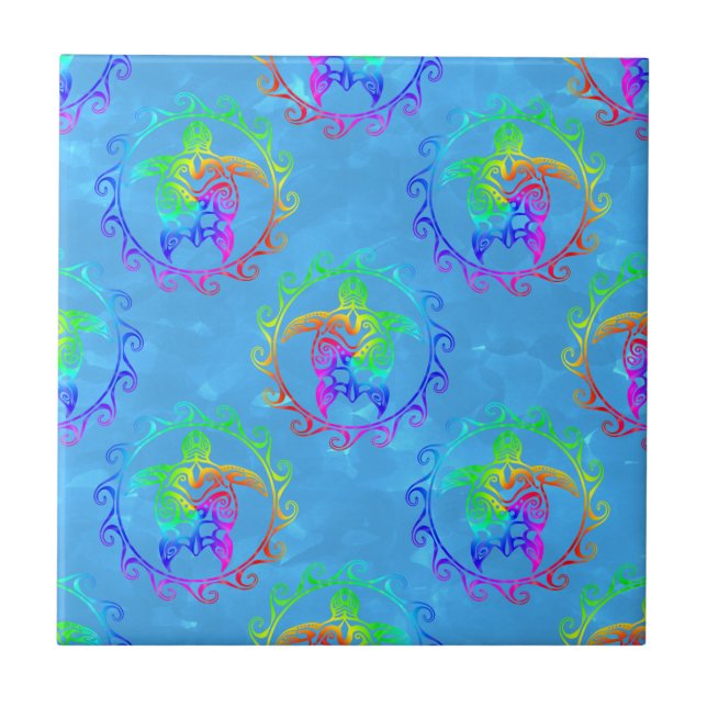 Tie Dye Tribal Turtle Moari Sol Light Blue Kakelplatta (Framsidan)