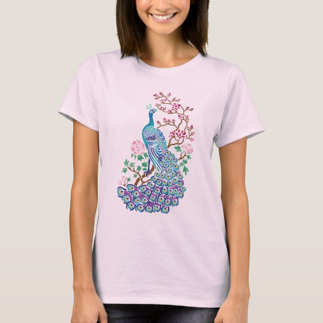 Tie-Färgad påfågel- & blommaT-tröja T-shirt (Framsida)