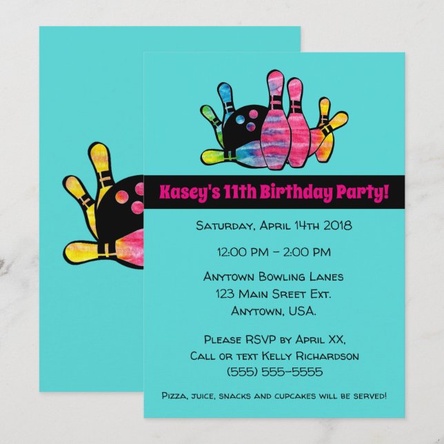 Tie färgat bowlingstift med inbjudningar (Fram/baksida)